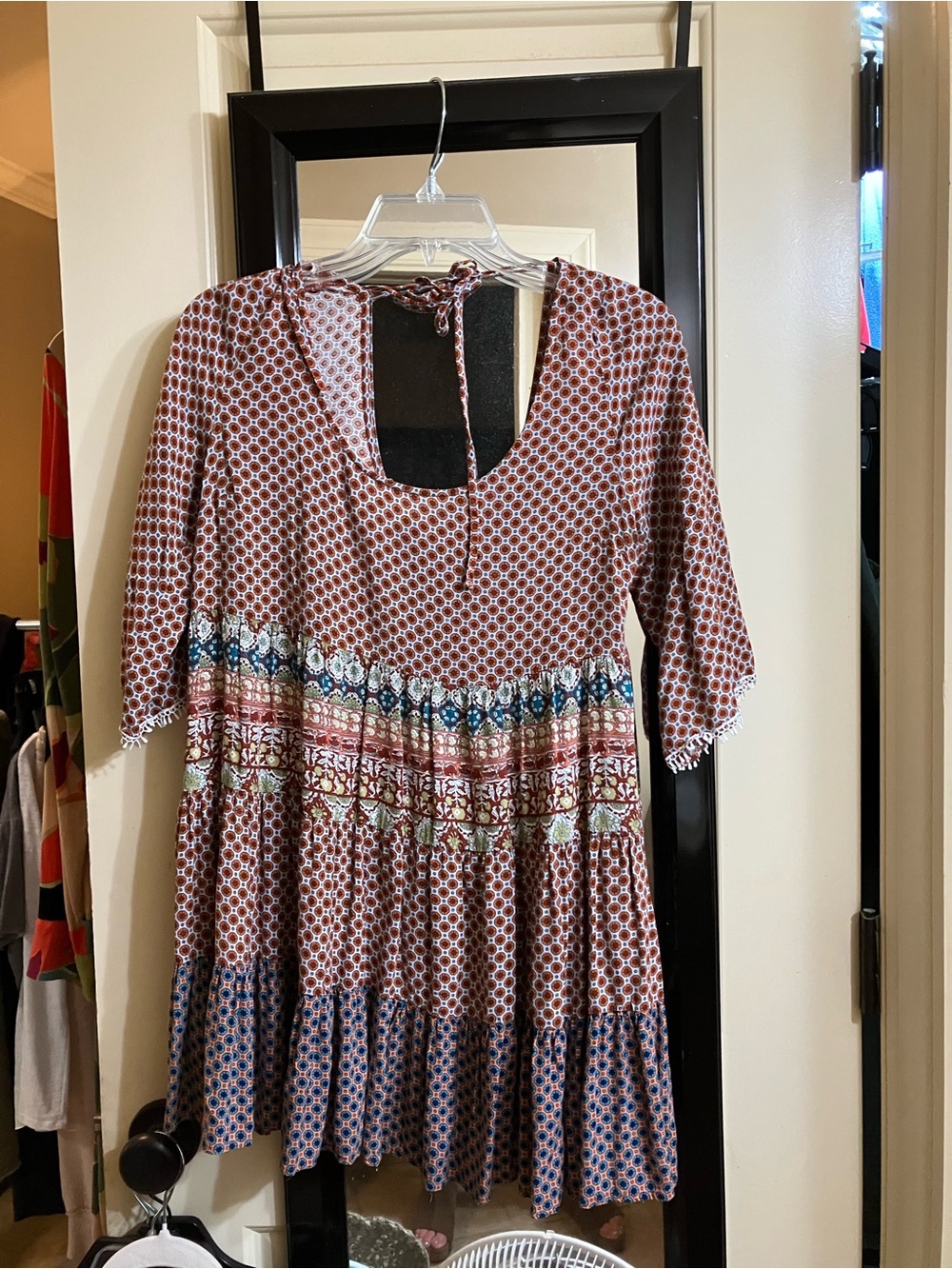 Boho tunic top , blue , rust , white